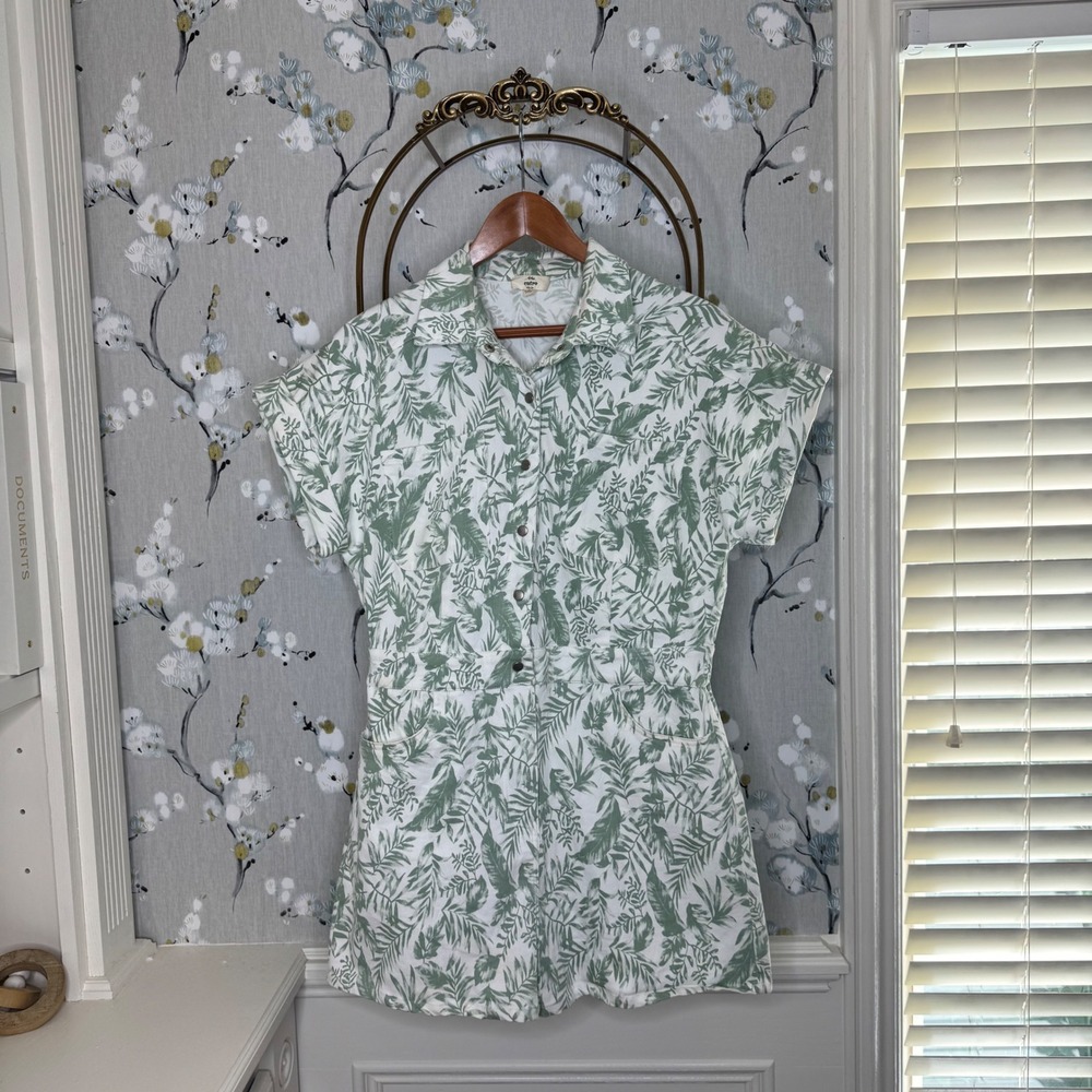 Entro Green White Palm Leaf Print Cotton Button Front Romper R20464 Womens L